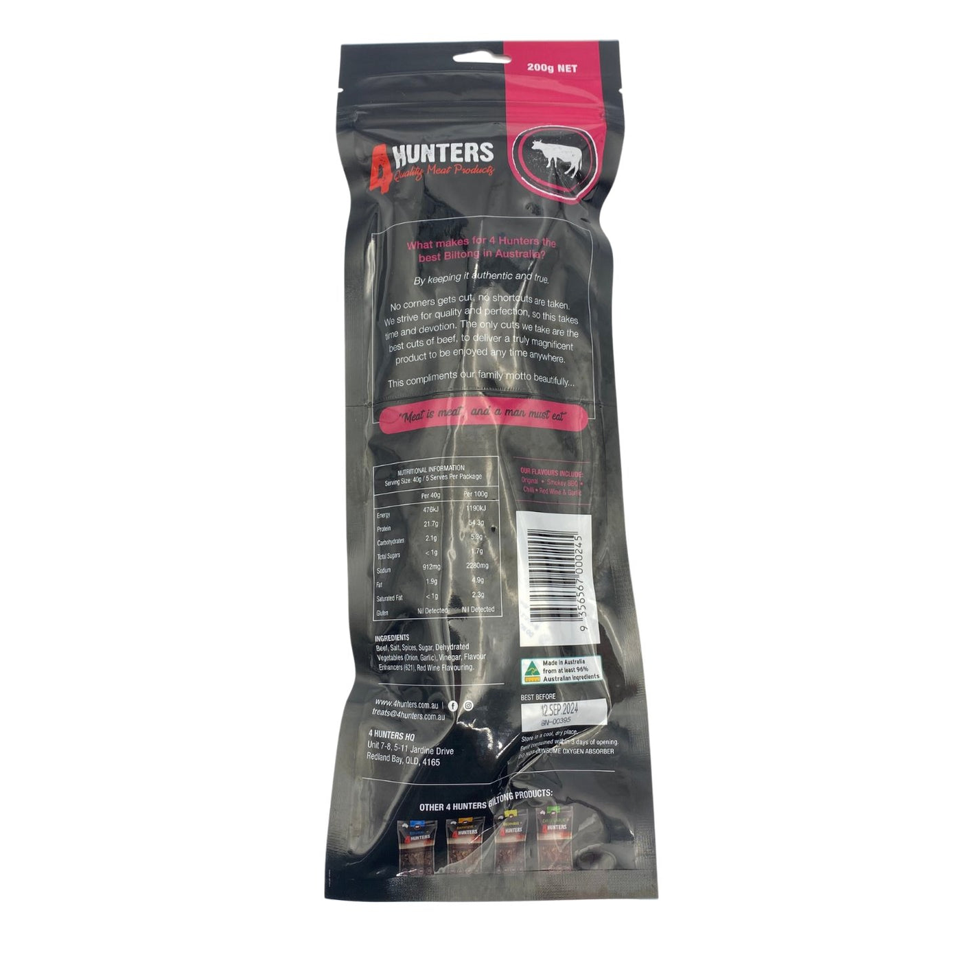 4 Hunters Red Wine & Garlic Jerky Sticks 200g