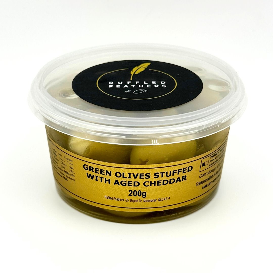 Green Olives Stuffed With Aged Cheddar - Ruffled Feathers 200g